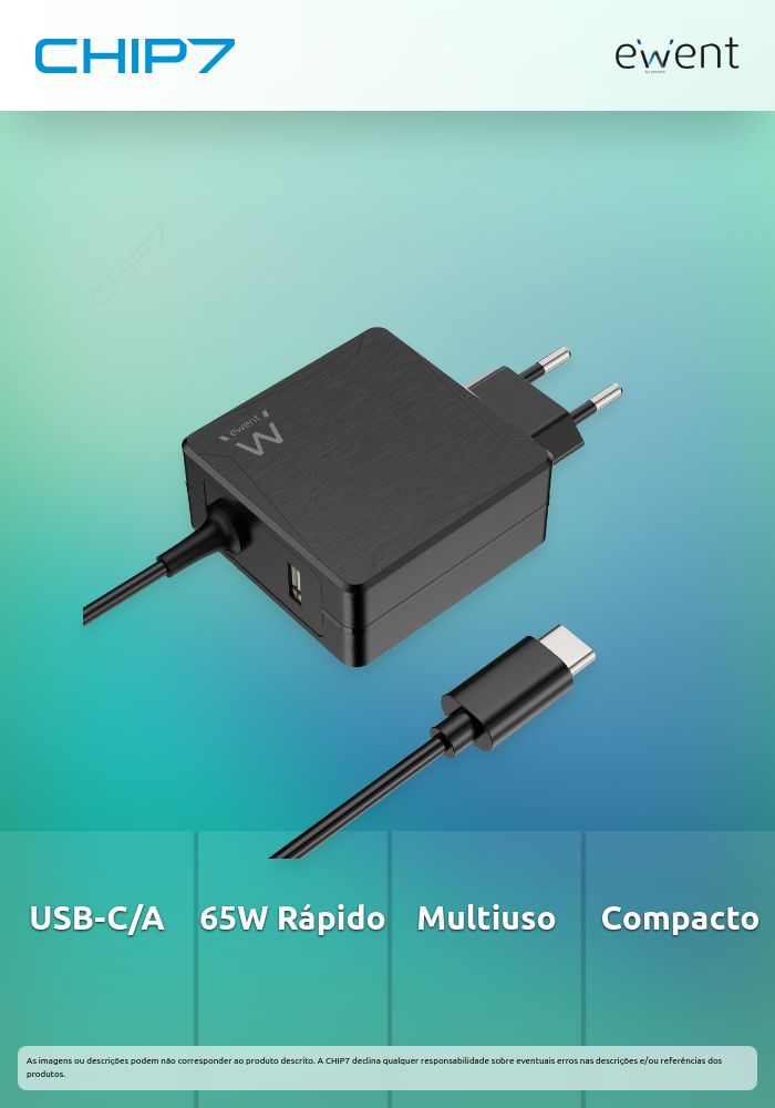 Carregador de portátil USB Type C e 1-Port USB-A com PD 65W