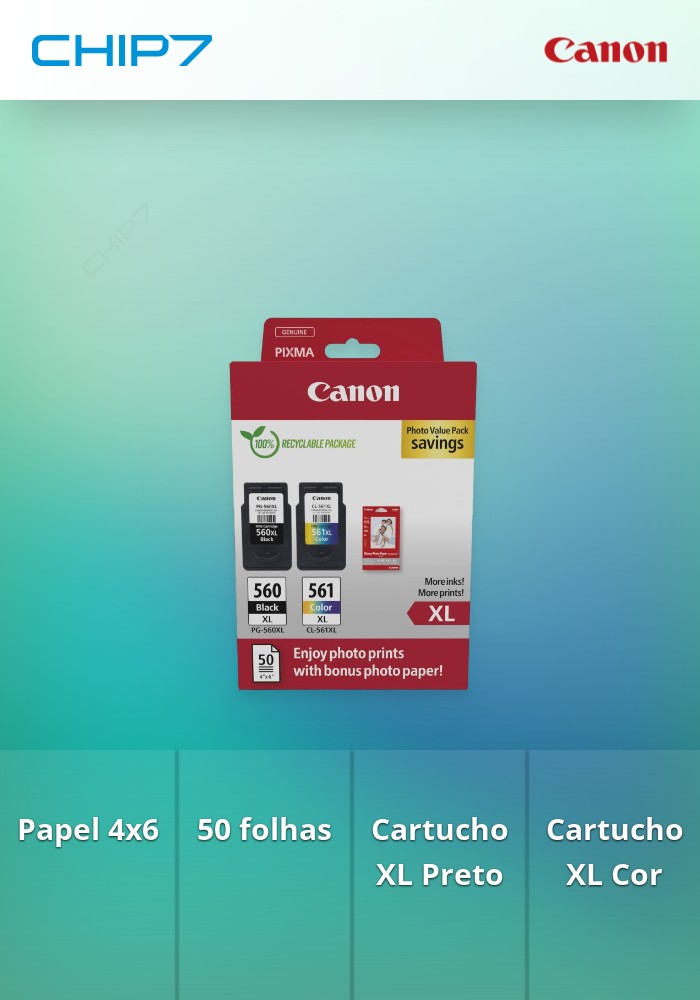 Tinteiro Canon PG-560XL Preto e CL-561XL Cores Multipack + Pack económico de papel fotográfico