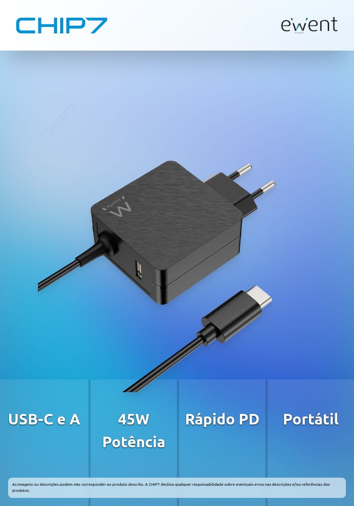 Carregador de portátil USB Type C e 1-Port USB-A com PD 45W