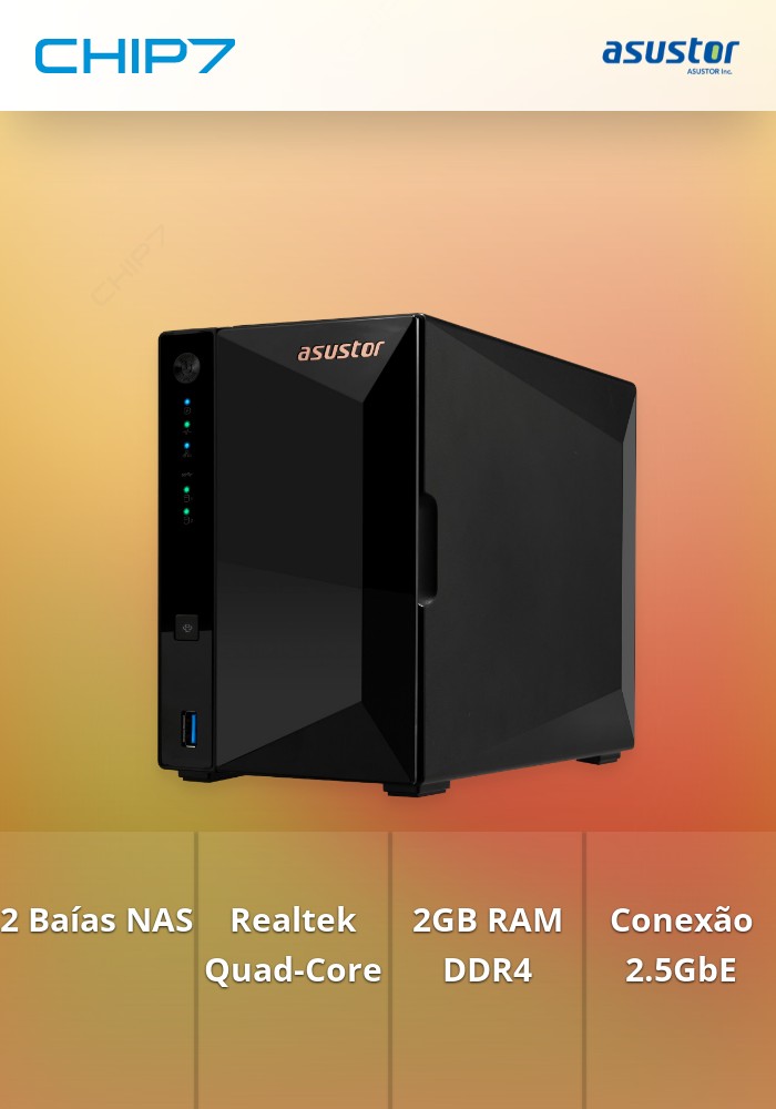 NAS ASUSTOR 2-Bay, Realtek RTD1296 4C 1.4GHz/2GB/2.5GbE/USB, 3Y WTY