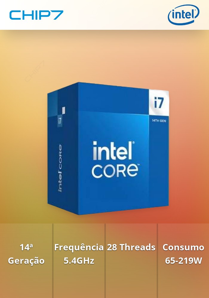 Processador CPU Intel I7 14700 LGA1700 2.15.4GHZ 33MB 8PC+12EC/28T 65/219W TRAY