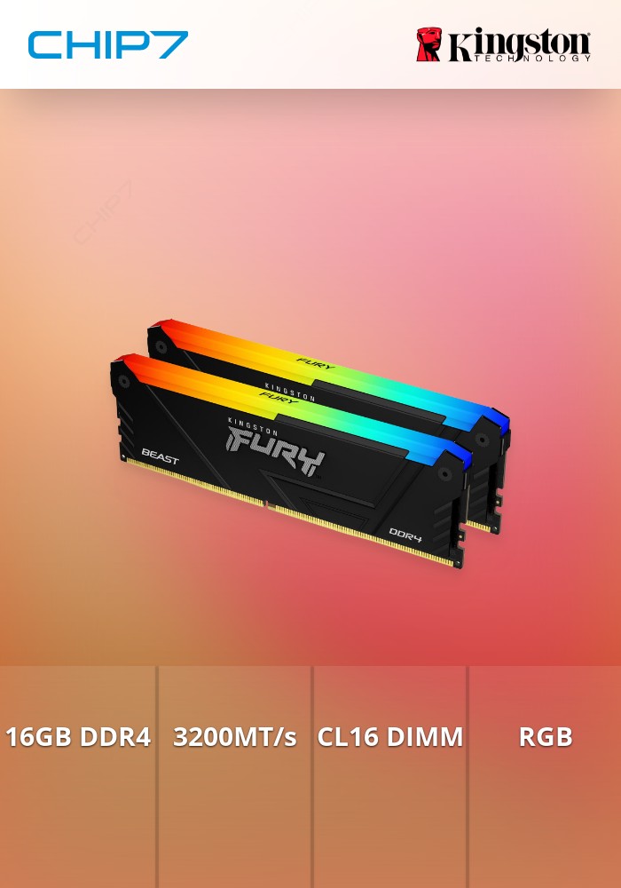 Memória RAM Pack 2x 8GB (16GB) DDR4 Kingston CL16 3200Mhz 1Rx8 Fury Beast RGB Preta