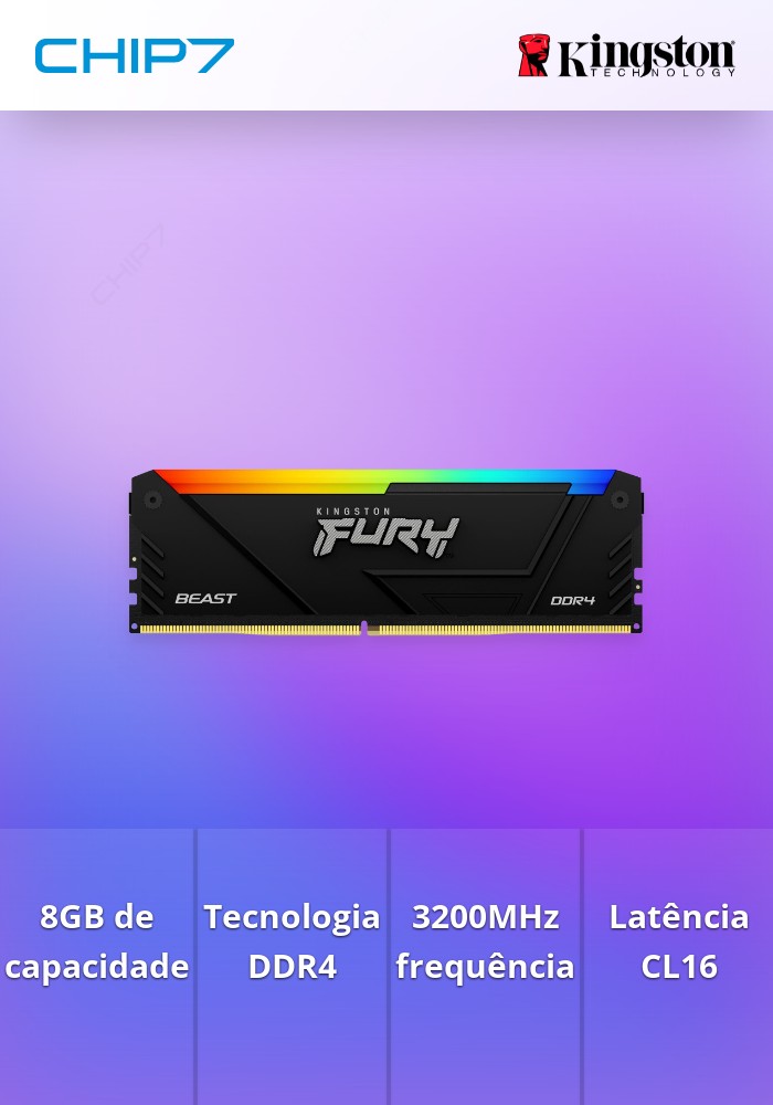 Memória RAM Dimm 8GB DDR4 Kingston CL16 3200Mhz 1Rx8 Fury Beast RGB Preta