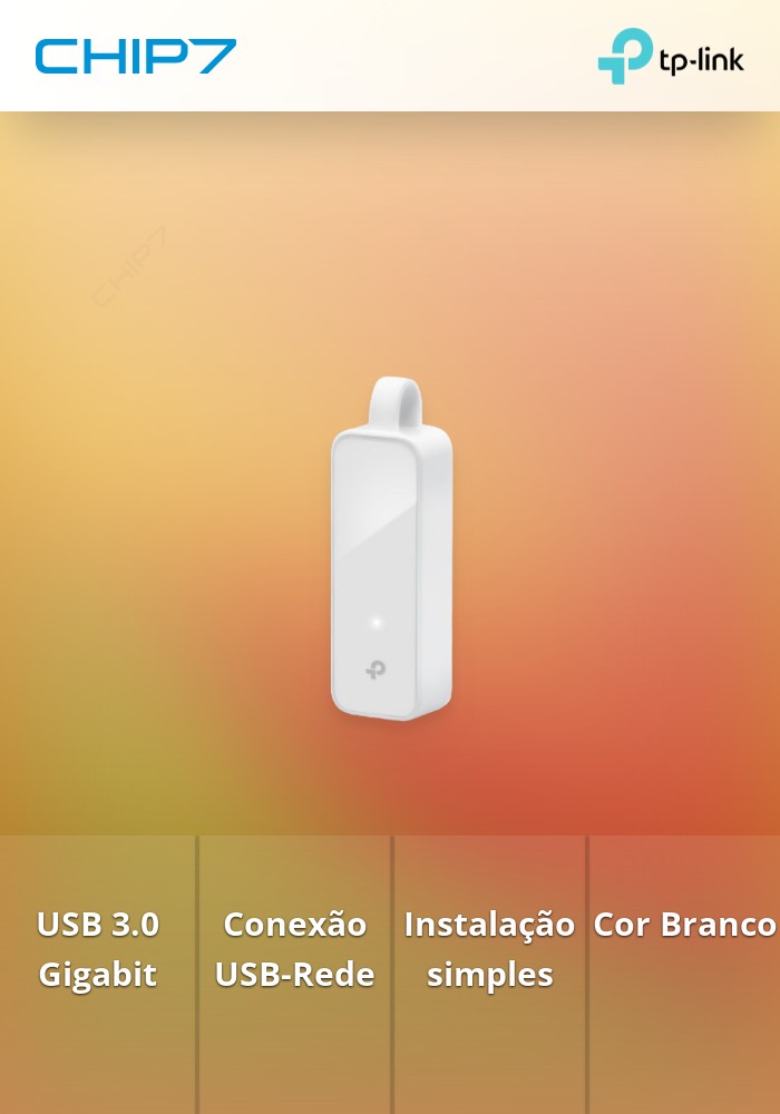 Adaptador USB 3.0 Gigabit Ethernet, TP-Link UE300, para ligar o PC a uma rede através de uma porta USB.