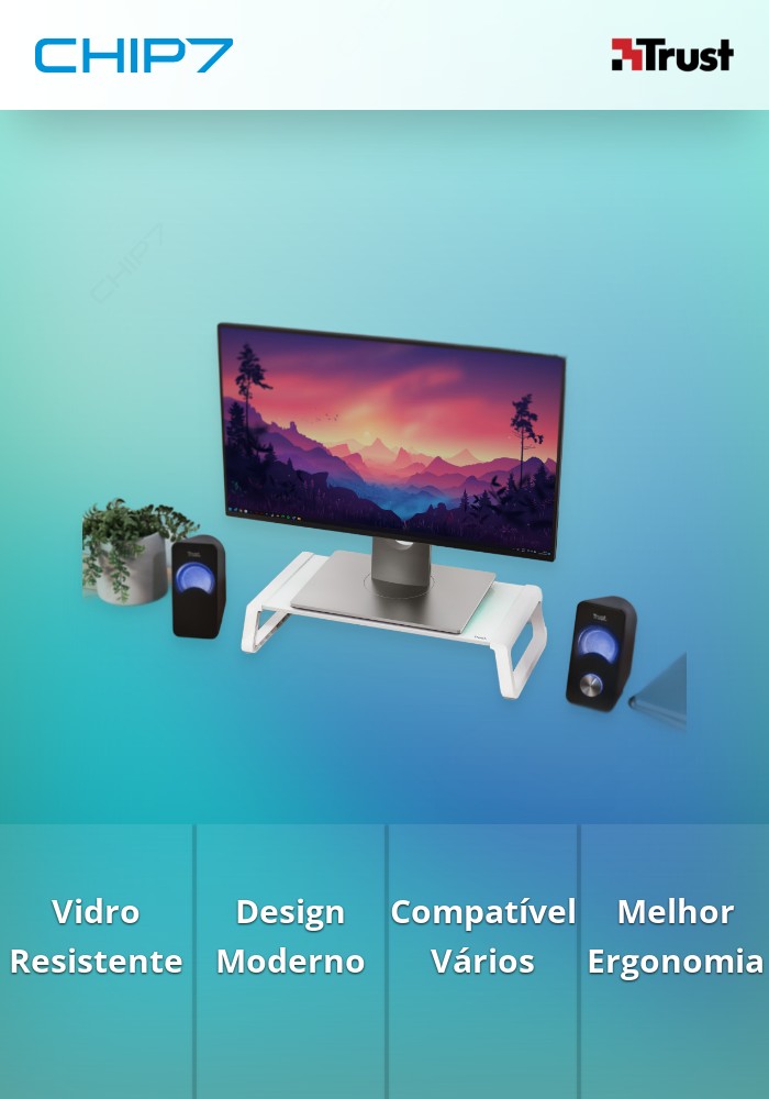 Suporte monitor TRUST MONTA, vidro temperado, white