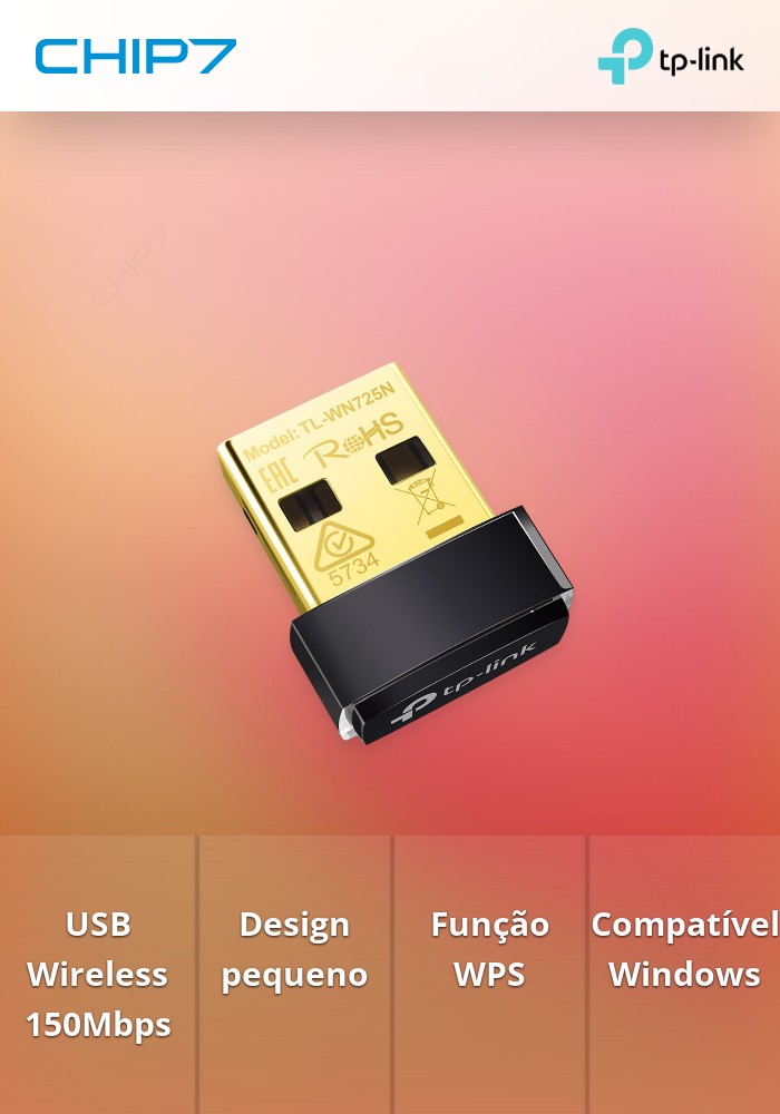 Nano Adaptador USB Wireless TP-LINK N 150 Mbps, compatível com 802.11g/b. Encriptações suportadas: WEP 64/128bit, WPA, WPA2.