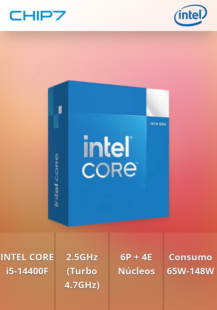 Processador INTEL I5 14400F LGA1700 2.54.7GHZ 20MB 6PC+4EC/16T 65/148W TRAY