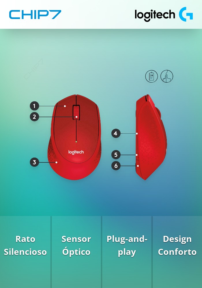 Rato Óptico Logitech M330 Silent Plus Wireless 1000DPI Vermelho