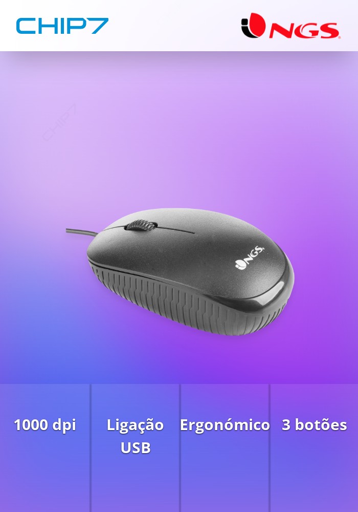 Rato otico com fio USB 1000 dpi, 2 botões + scroll