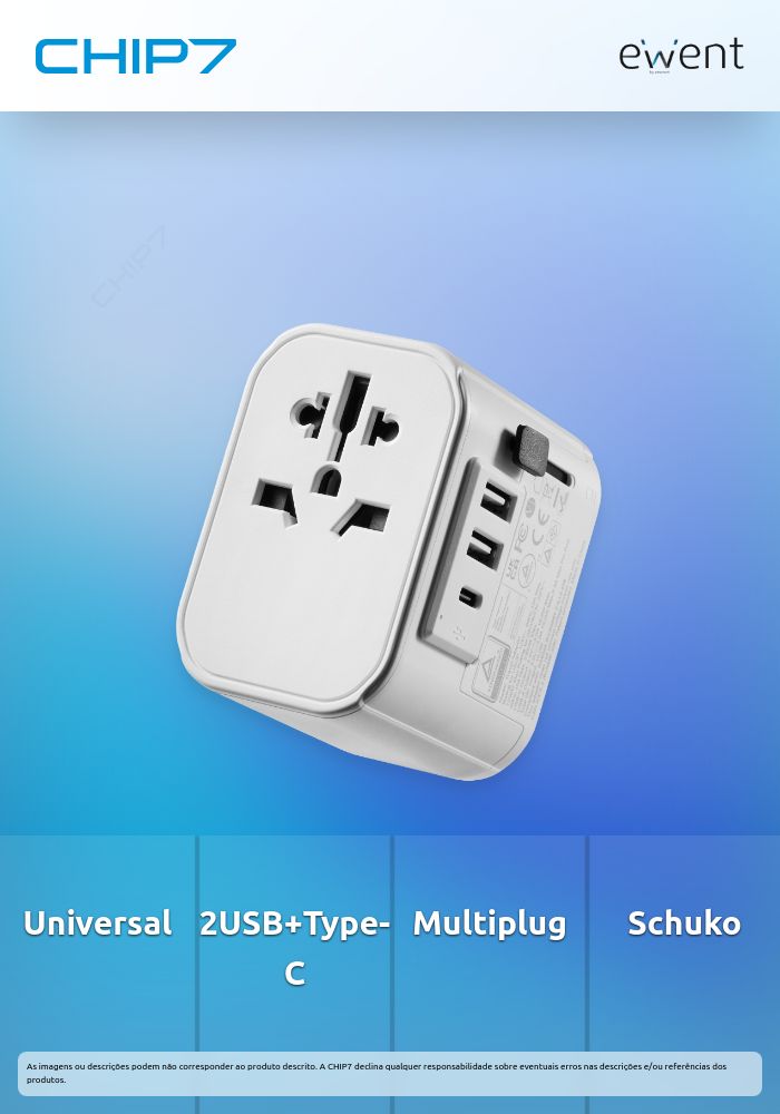 Adaptador de viagem universal EWENT com fichas EUA/UK/AUS/CHINA e Schuko