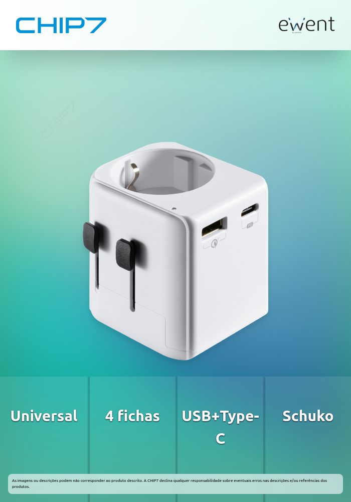 Adaptador de viagem universal EWENT com fichas EUA/UK/AUS/CHINA e tomada Schuko