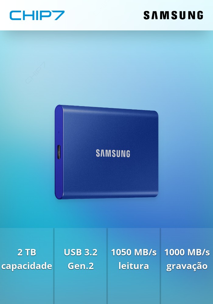 Disco Externo SSD Externo Samsung Portable T7 2TB USB 3.2 Gen2 Azul
