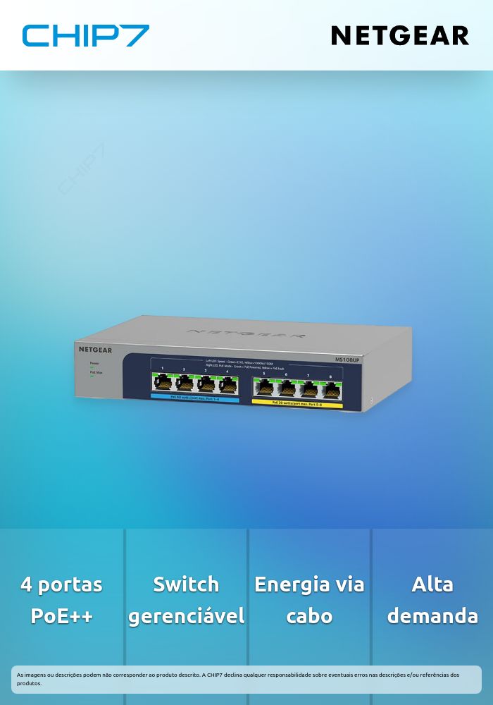 Switch NETGEAR Plus MS108EUP Gerenciada 4 x 100/1000/2.5G (PoE++) + 4 x 100/1000/2.5G (PoE+)