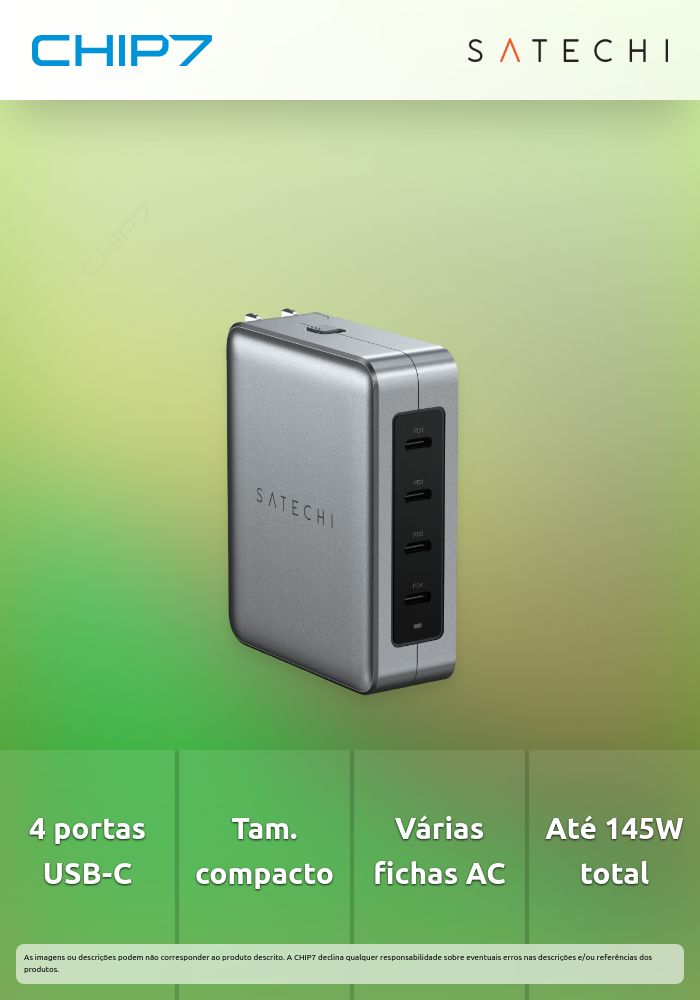 Carregador Satechi 145W USB-C 4-Portas GaN Travel Charger Space Gray