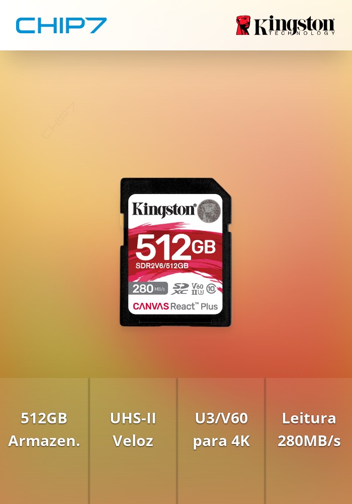 512GB SD Kingston Canvas React Plus V6 SDXC UHS-II U3 V60 280R/150W
