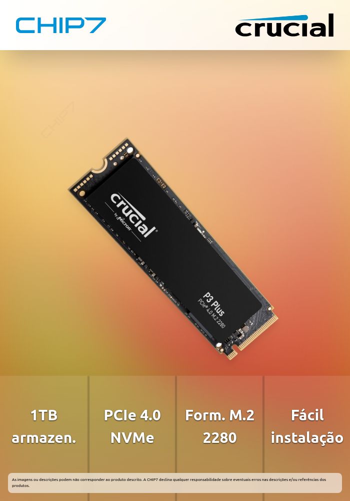 1TB SSD Disco Interno Crucial P3 Plus M.2 2280 PCIe 4.0 NVMe | CHIP7