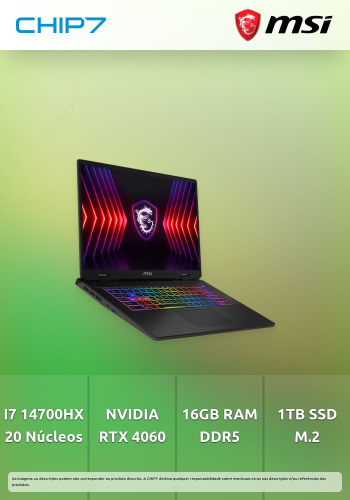 Portátil MSI - I7 14700HX / RTX 4060 8GB / 16GB RAM / 1TB SSD / 17