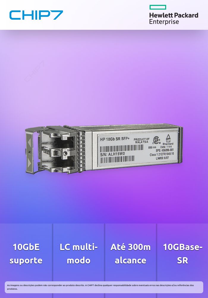 HPE - Módulo de transceptor SFP+ - 10GbE - 10GBase-SR - multi-modo LC - até 300 m - para Apollo 4200 Gen10, Edgeline e920, ProLiant e910t 2U, XL170r Gen10, XL450 Gen10