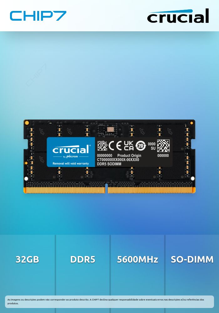 Crucial - DDR5 - módulo - 32 GB - SO DIMM 262-pinos - 5600 MHz / PC5-44800 - CL46 - 1.1 V - sem ECC