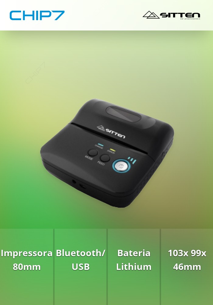 Sitten SP-RMT9 - Impressora térmica 80mm portátil, Bluetooth e USB, Bateria de Lithium, Dimensões: 103x99x46mm, Peso: 256g.